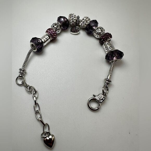 Pandora-style, silver tone purple glass, pink/white rhinestone beaded bracelet! - Picture 6 of 13